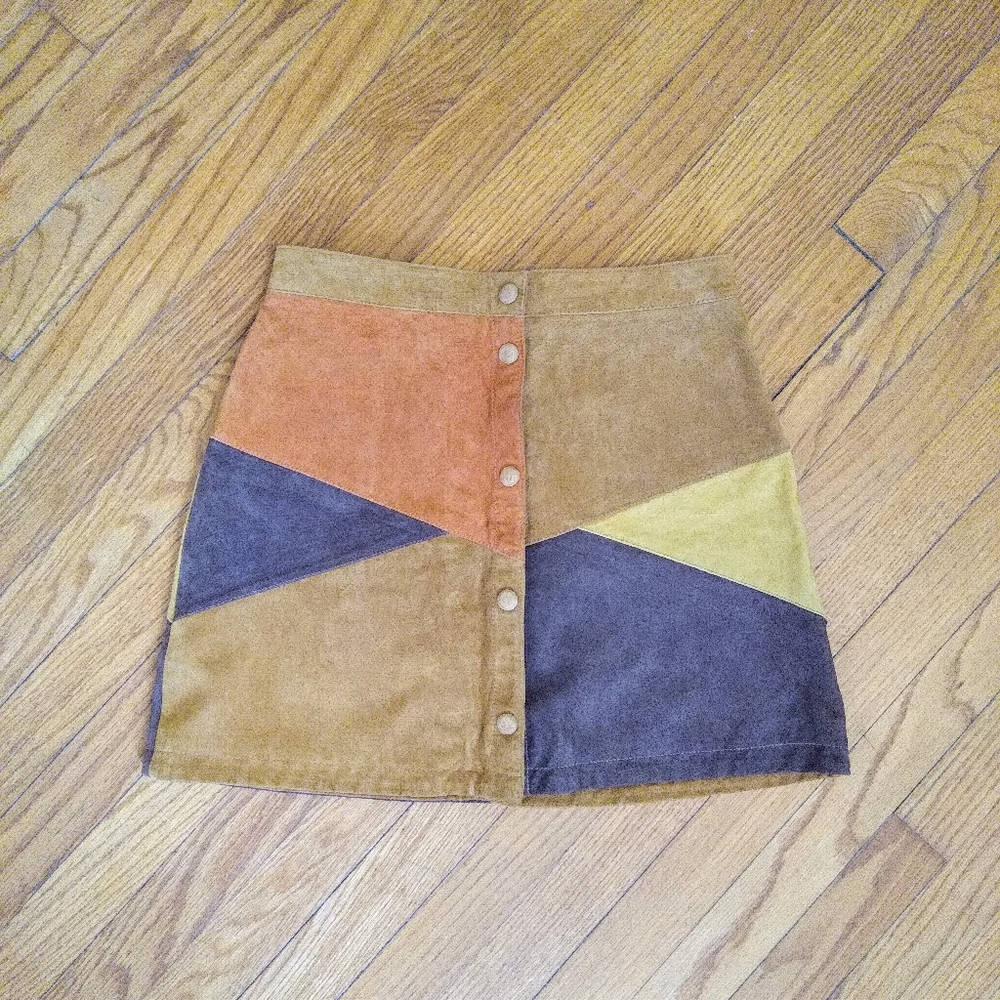 Monki Suede Patchwork Snap Mini Skirt Sz 38 (4-6)